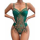Avidlove Women's Lace Up Front V Neck Bustier Lingerie Sexy One Piece Teddy Lingerie Bodysuit Boudoir Outfit