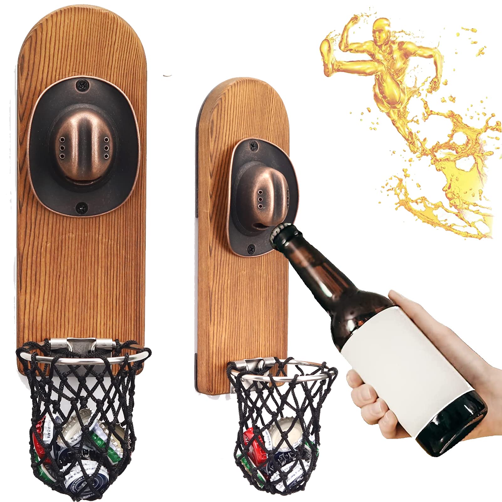 ZONSUSE Magnetic Wall Bottle Opener with Catcher, Personalized Wooden Beer Opener, Beer Gifts for Men, for Refrigerators, Home, Bar, Man Cave, Decoration (Cowboy Hat 2)