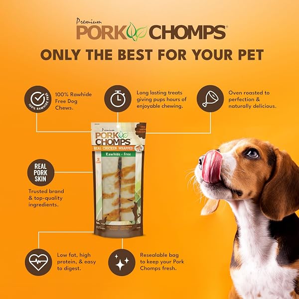 PORK CHOMPS BAKED PORK SKIN DOG CHEWS, 8-INCH ROLLS, REAL CHICKEN WRAP, 2 COUNT