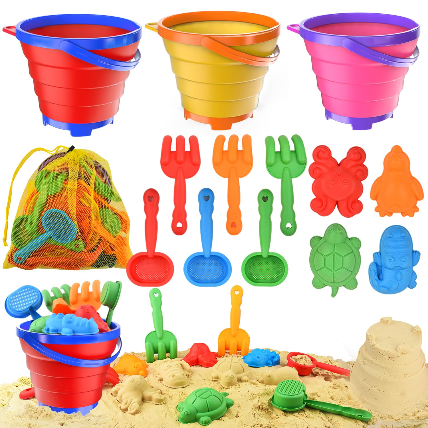 Collapsible Beach Toys for Toddler,Sandbox Toys for Kids 3 Packs Foldable Buckets with Sand Molds,Shovels&Mesh Bag for Beach Summer Outdoor Activities,Travel Sand Toys for Kids Boys Girls