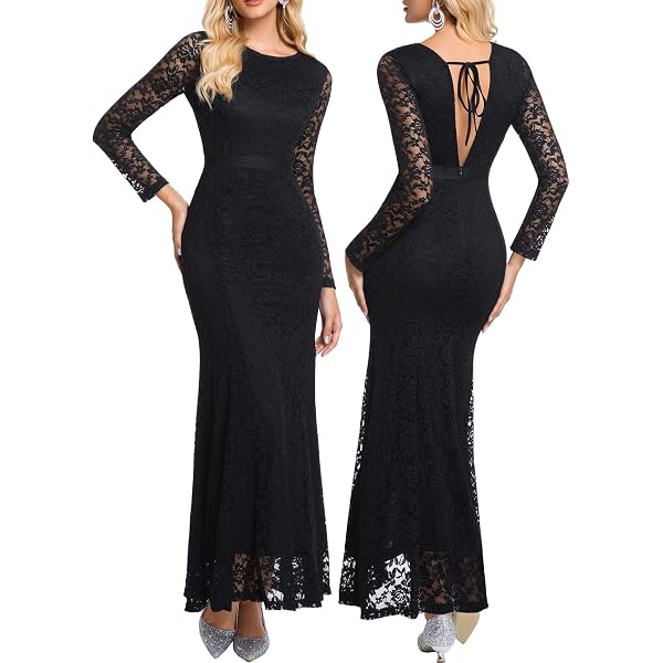 Women Lace Hollowed Out Dress Long Sleeve V-Neck Solid Chiffon Dresses  Black S at Amazon Women's Clothing store
