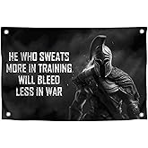3x5 Ft Motivational Polyester Flag He Who Sweats More In Training Will Bleed Less In War with 4 Grommets - Improvement Wall Decor for Home or Gym - Wall Single Sided Flag with Spartan Image and Quote