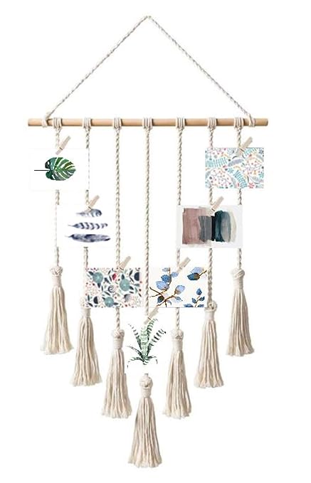 ELAFI Bilderrahmen Collage 42x90cm | Makramee Fotorahmen mit 25 Mini Holzklammern | Handgefertigter Holzbilderrahmen | Bilder