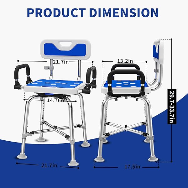 360° SWIVEL SHOWER CHAIR WITH ARMS AND BACK, HEAVY DUTY 500 LBS BARIATRIC BATH BENCH FOR SENIORS ELDERLY DISABLED ADULTS, UPGRADED ADJUSTABLE HEIGHT SHOWER STOOL FOR INSIDE SHOWER STALL,BIG