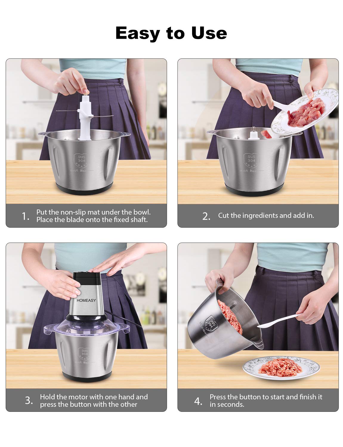 Meat Grinder Electric 2.5L, HOMEASY Food Processor Stainless Steel Meat Blender Food Chopper for Meat, Vegetables, Fruits and Nuts with 4 Large Sharp Blades, 500W