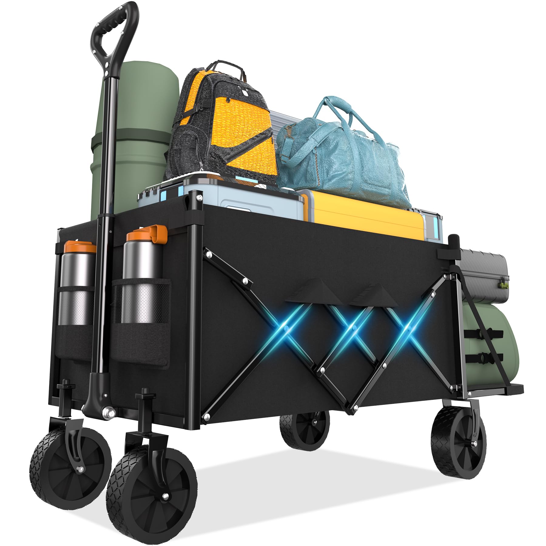 Photo 1 of (used) Lightweight Folding Wagon, Large Capacity Collapsible Grocery Cart on Big Wheels, Heavy Duty Foldable Shopping Carts, All-Terrain Outdoor