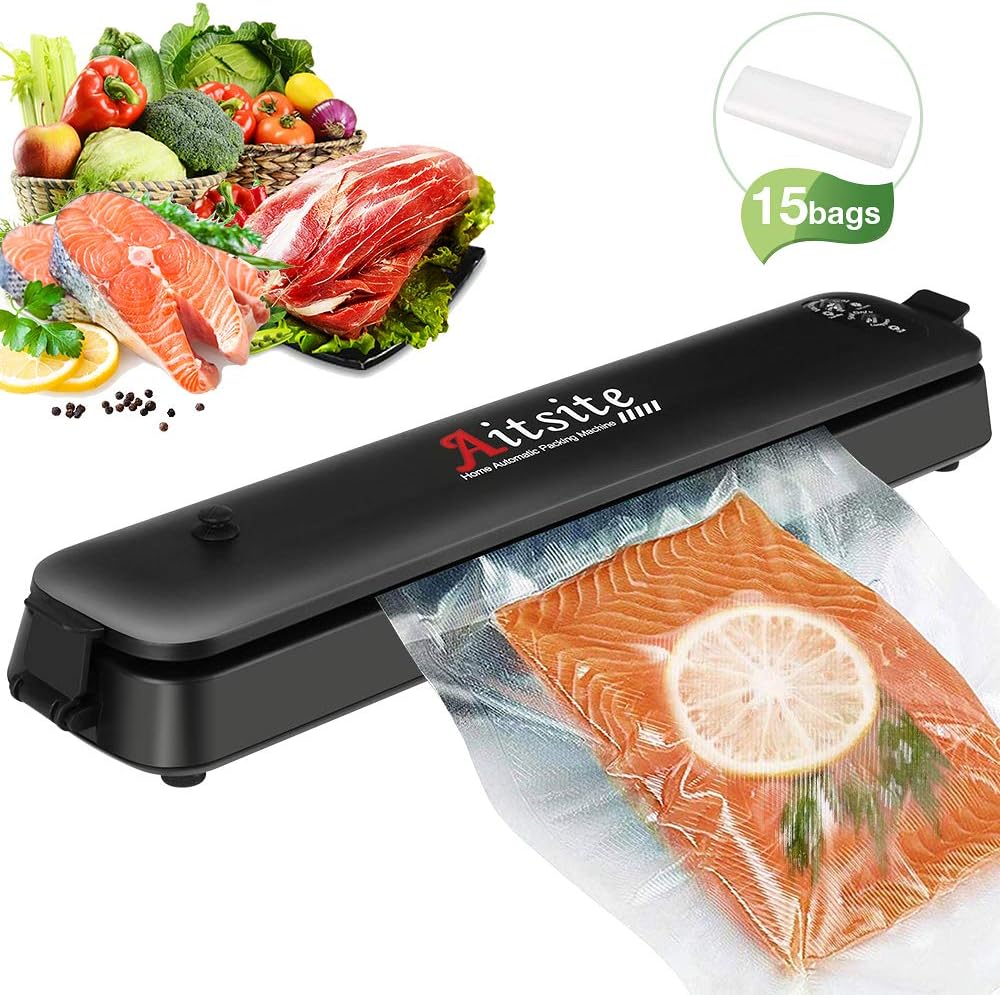 Aitsite Automatic Food Vacuum Sealer Machine Portable Mini Vacuum Sealer for Food Preservation Saver, Dry and Moist Modes Kitchen Meat Vacuum Sealer with 15 Sealing Bags