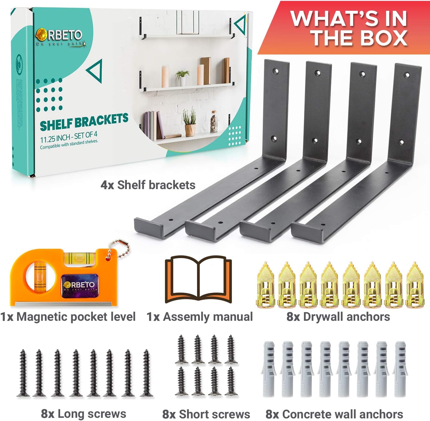 L Shape Shelf Brackets with Lip for 12 Inch Shelves Set of 4 Heavy Duty Iron for DIY Floating Shelves in Rustic Industrial Farmhouse Style - Hardware Included - Bonus Magnetic Pocket Level - Black: Home Improvement