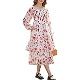 IFFEI Girls Dresses Smocked Long Sleeve Floral Casual Tiered Midi Dresses for Holiday Party 6-15Y