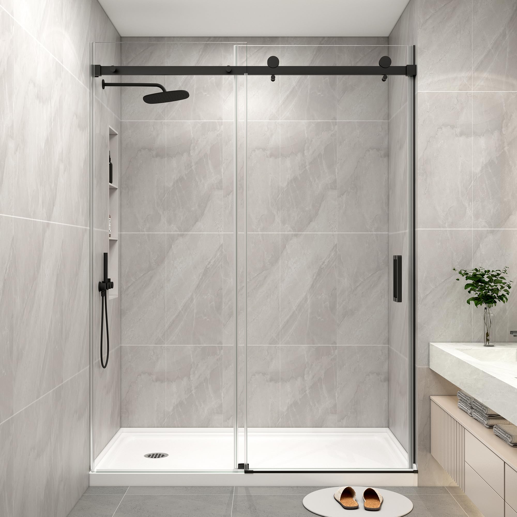 Photo 1 of **UNSURE OF EXACT MEASUREMENTS** KPUY Frameless Shower Door, Sliding Glass Shower Door, 1/4" (6mm) Thick Tempered Clear Glass with Explosion-Proof Film Nano Coating in Matte Black Finish