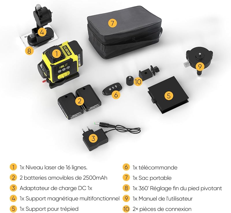 Nivel láser autonivelante 360° X 4, láser de construcción 4D con 16 líneas láser, modo de pulso para exteriores, 2 baterías, autonivelación, soporte rotativo, control remoto.(Sin Trípode)