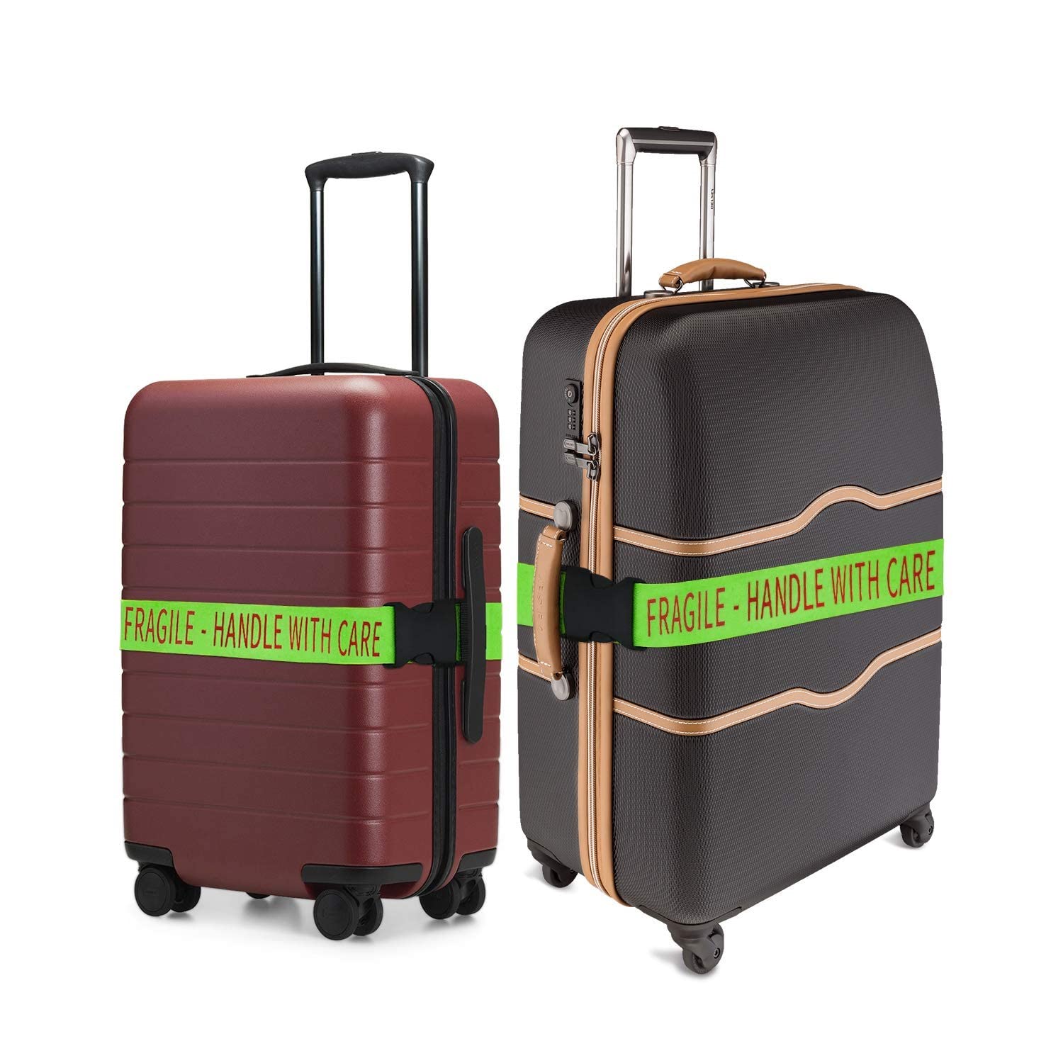 Photo 1 of  - Bright Luggage Straps - Fragile - Handle with Care - for Airports/Travel - These Adjustable Straps Fit Almost All Suitcases Neon Green