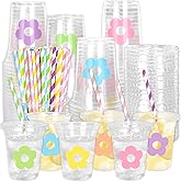 Whaline 60Pcs 12Oz Flower Disposable Plastic Cups with Lids and Straws Cute Pastel Floral Cold Beverage Drinking Cups for Spring Summer Wedding Birthday Baby Shower