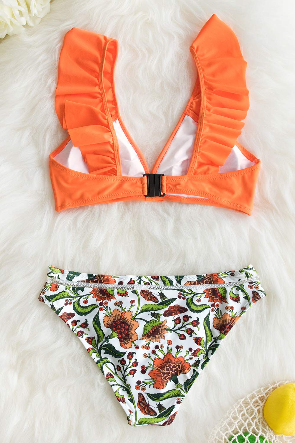 CUPSHE Women's Orange Floral Bottom Ruffle Hook Closure Bikini Set