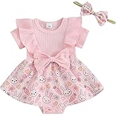Karuedoo Newborn Baby Girl Easter Romper Dress Ruffle Short Sleeve Bunny Eggs Print Jumpsuit Bodysuit with Headband