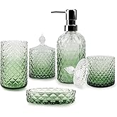5Pcs Glass Bathroom Accessories Set,Green Vintage Bathroom Accessory Set | Bathroom Counter Sink Toothbrush Holder Set Includes 13.5oz Hand/Lotion Soap Dispenser &amp; Tumbler &amp; Soap Dish &amp; Qtip Holders