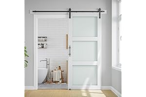 LDB_BUILDING 40 x 80 in 3-Lite Frosted Glass and Wood Paneled Barn Door with Installation Hardware Kit