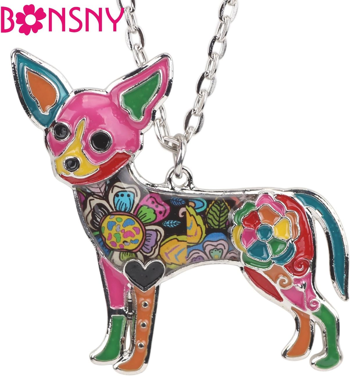 BONSNY Signature Dog Collection “Candy” Enamel Zinc Alloy Chihuahua Dog Statement Pendant Necklace