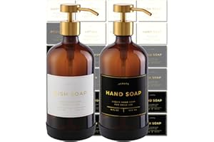 Verute 500ml Glass Soap Dispenser with Stainless Steel Pump, 21 Waterproof Labels, Non-Slip Protective Silicone Pad, Set of 2