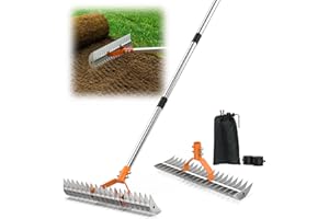 SHEALTHY 6.4FT Thatch Rake, 15-Inch Dethatcher Rake, 19 Steel Tines Metal Head Thatching Rake for Cleaning Dead Grass, Double-Sided Dead Grass Rake for Garden & Lawn Loosening Soil Farming Land