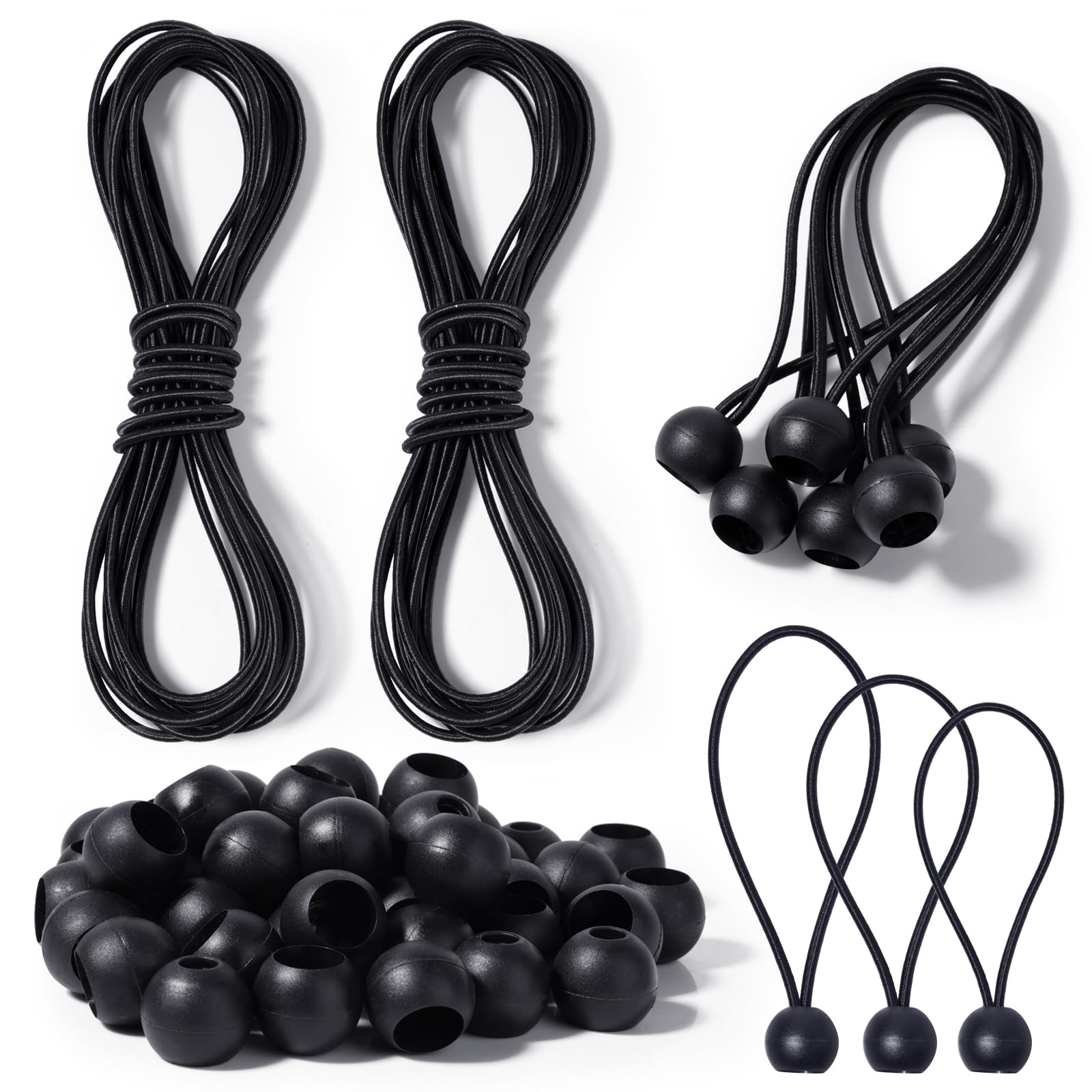 Ysimple 30 Pcs Bungee Cord with Balls, Black Bungee Balls with 2pcs 6M Elastic Cord, Tarpaulin Bungee Balls for Tarpaulin,Camping Tarp,Luggage and Household