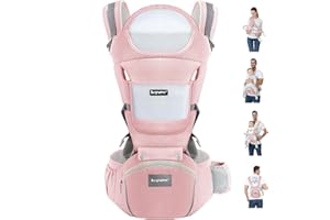 KIYUMI Baby Carrier with Hip Seat, Ergonomic M Position, Newborn to Toddler, Head Support and Breathable Mesh,Adjustable Removable 6- in-1 Baby Baby Sling Carrier (7-45 lbs) for Mom Dad, Pink