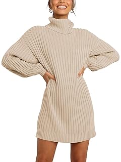 LOGENEWomen's Sweater Dress Turtleneck Long Balloon Sleeve Ribbed Knit Oversized Pullover Dresses