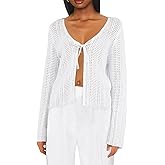 Saodimallsu Womens Summer Crochet Lightweight Cardigans Tie Front Mesh Knit Long Sleeve Casual V Neck Beach Cover Ups