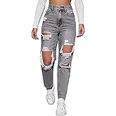 Floerns Women's Ripped High Waist Boyfriend Jeans Distressed Stretchy Denim Pants