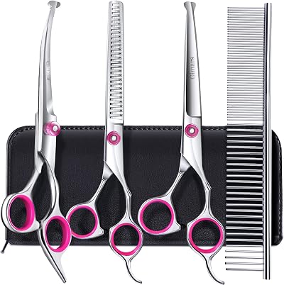 Gimars Dog Grooming Scissors Kit 4CR Safety Round Tip 5 in 1 Titanium Coated