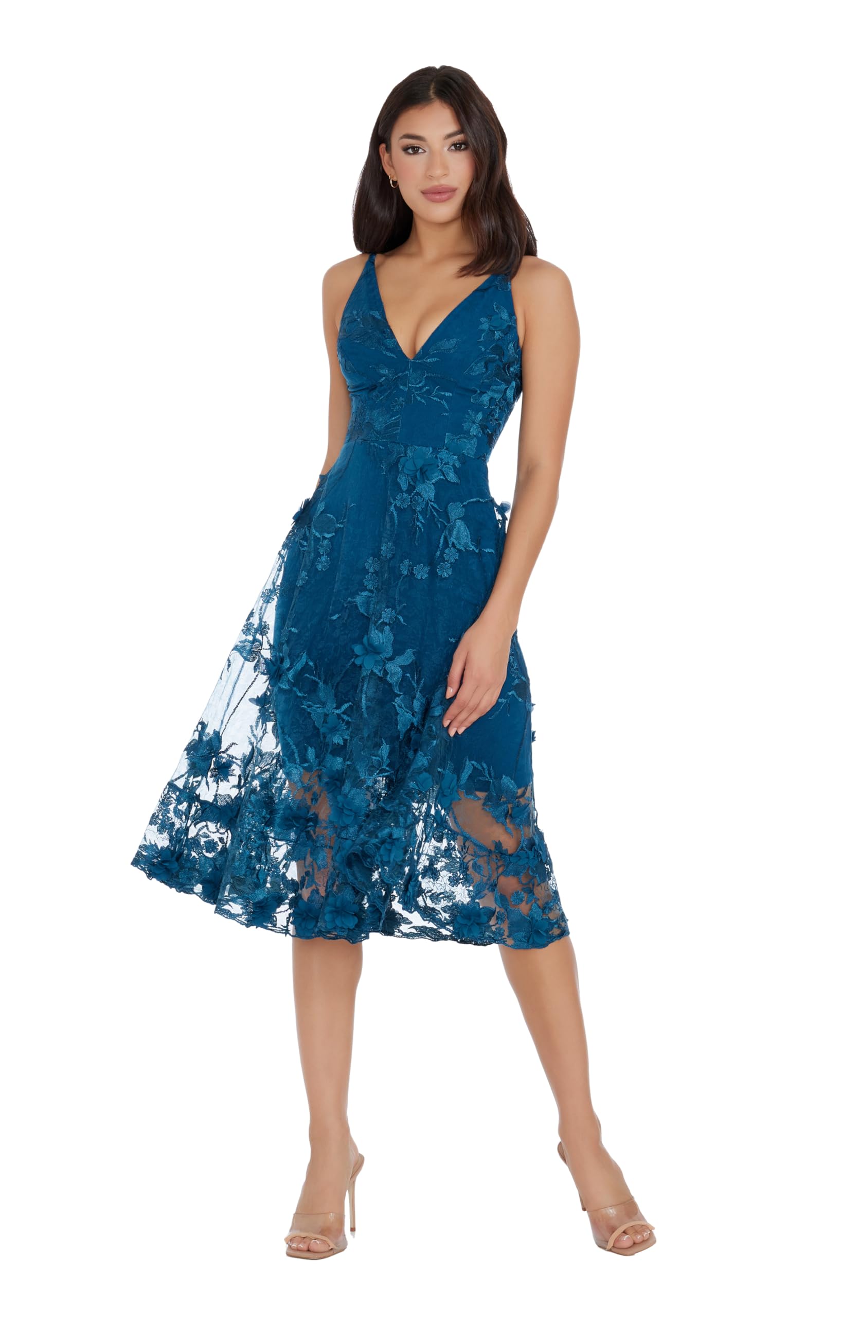 Photo 1 of Dress the Population Women's Audrey Spaghetti Strap MIDI A-LINE 3D Floral Dress, Peacock Blue, XL