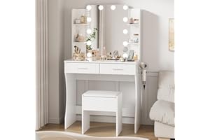 Otterease Vanity Desk with LED Lighted Mirror, Makeup Vanity with 3 Adjustable Lights, 2 Large Drawers and 4 Open Shelves, White Vanity with Storage Stool for Bedroom