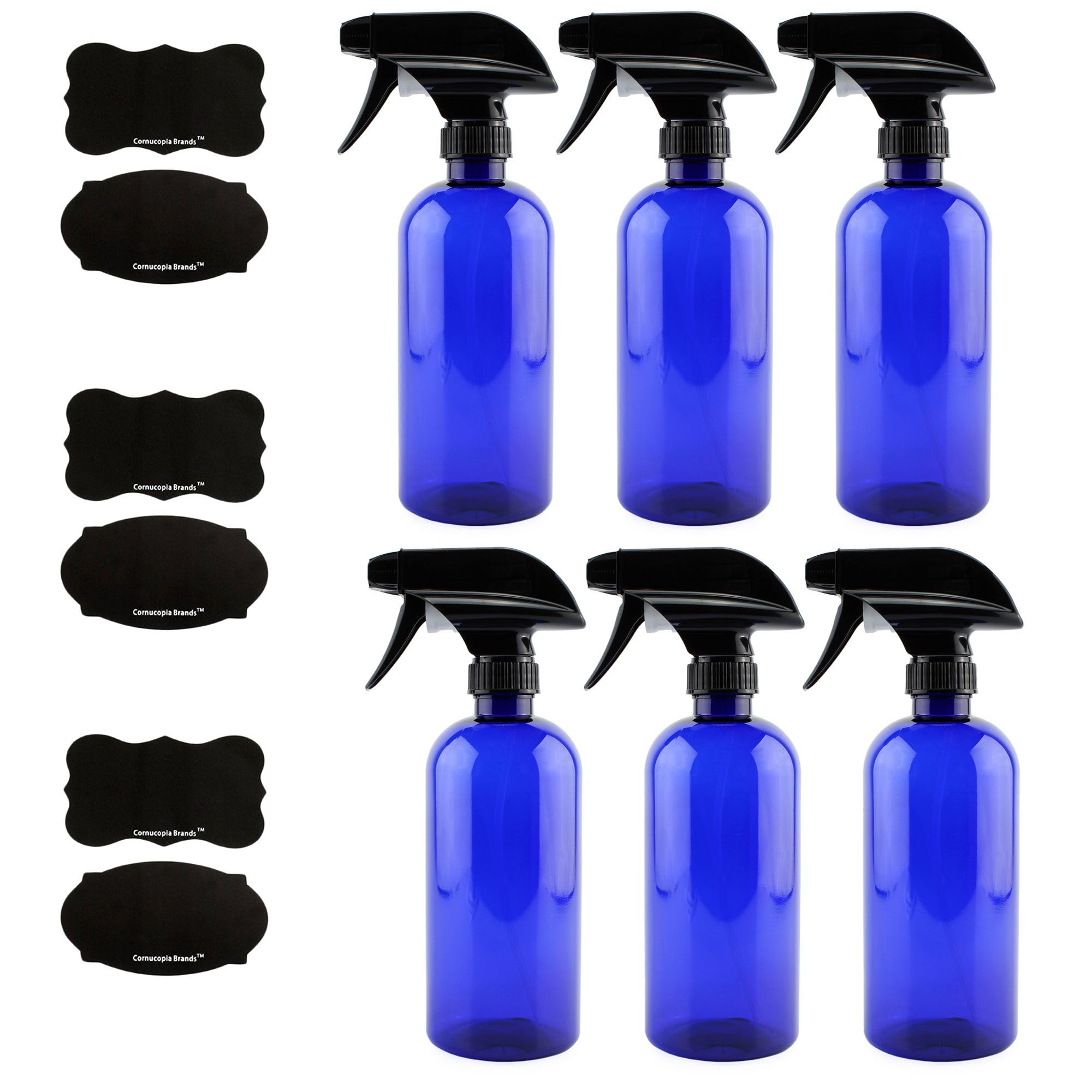 Photo 1 of Cornucopia Brands 16oz Cobalt Blue PLASTIC Spray Bottles w/Heavy Duty Mist & Stream Sprayers and Chalkboard Labels (6-pack); PET #1 BPA-free, Use for DIY, Kitchen, Hair