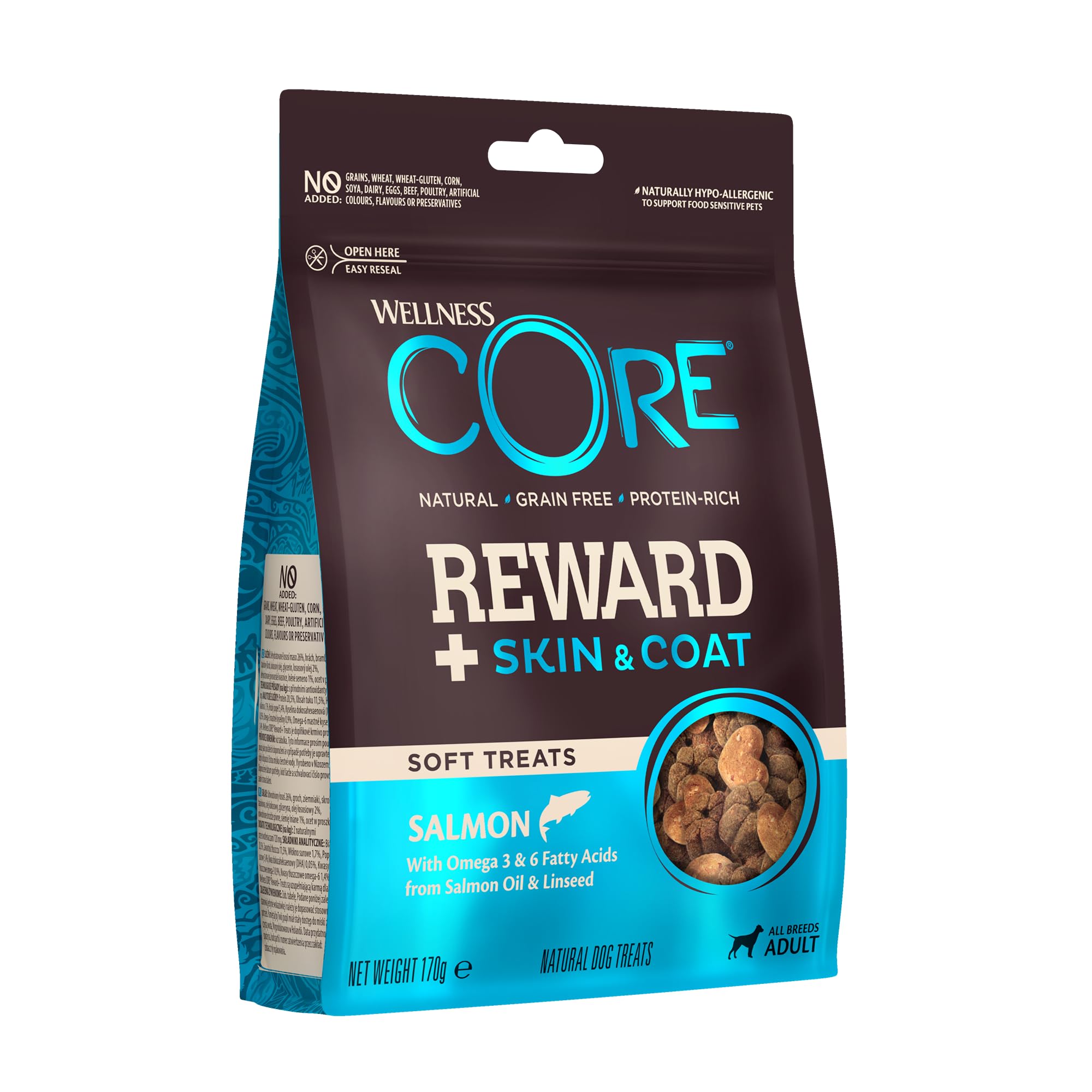 Wellness CORE Reward+ Skin & Coat 170g, Salmon – Soft Dog Treats for All Dog Breeds, Grain-Free, Natural, Hypoallergenic, Protein-Rich, High Fish Content, Supports Healthy Skin & Shiny Coat