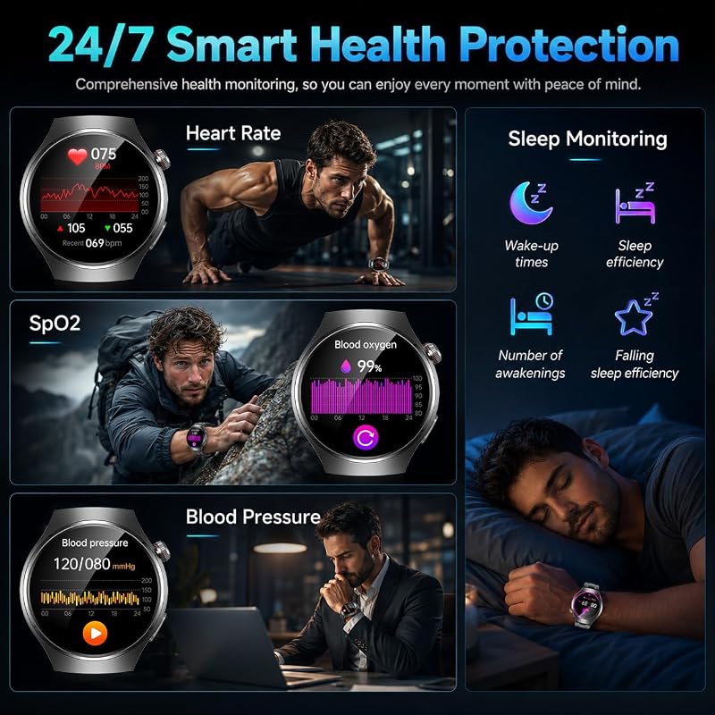 Montre Connectée Homme ECG+HRV Smartwatch: 1.43" AMOLED Montre Intelligente Homme avec Fréquence Cardiaque Tension Arterielle SpO2 Sommeil Température Corporelle Appel Bluetooth pour iOS et Android — photo 5 sur 7