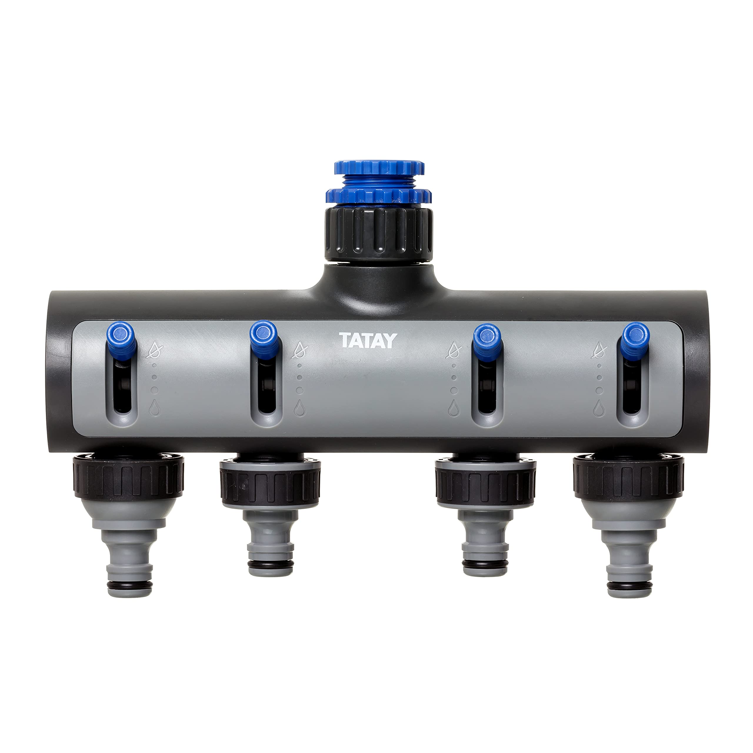 TATAY Premium 4 Way Hose Tap Universal Connector for 1/2", 3/4", 1", Universal Fitting, Solar Protection, Easy Installation, Grey - Black