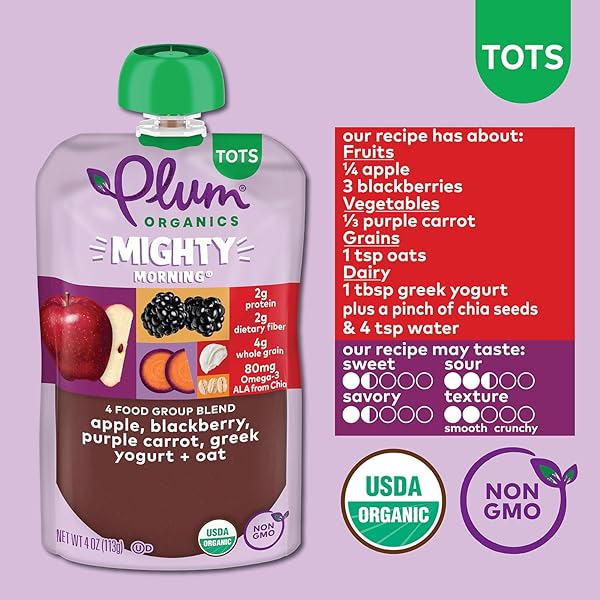 PLUM ORGANICS MIGHTY MORNING ORGANIC TODDLER FOOD – APPLE, BLACKBERRY, PURPLE CARROT, GREEK YOGURT, AND OAT – 4 OZ POUCH (PACK OF 4) – ORGANIC FRUIT AND VEGETABLE TODDLER FOOD POUCH