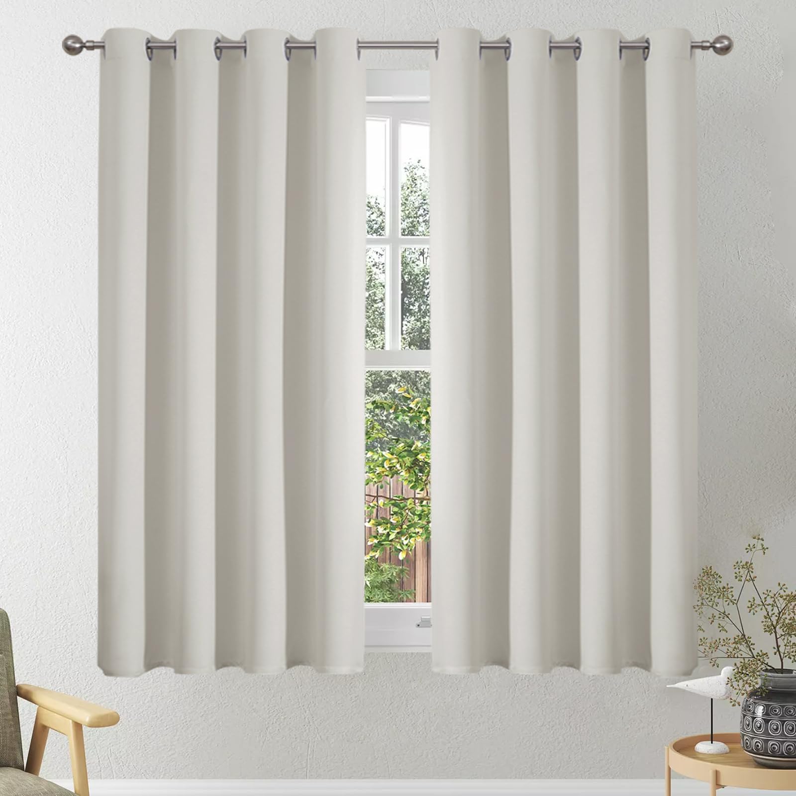 VEHEDE Short Small Window Curtain, Eyelet Thermal Insulated Blackout Curtains for Cafe, Soft Bedroom Curtains, Living Room Curtain & Drapes, W46 x L54 Inch, Light Beige, 2 Panels