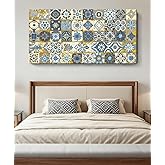 CTHEART Vintage Wall Decor Floral Canvas Wall Art - Textured Geometric Art Print in Muted Yellow Gray & Blue Unframed for Living Room Bedroom & Office 48x24 Inches