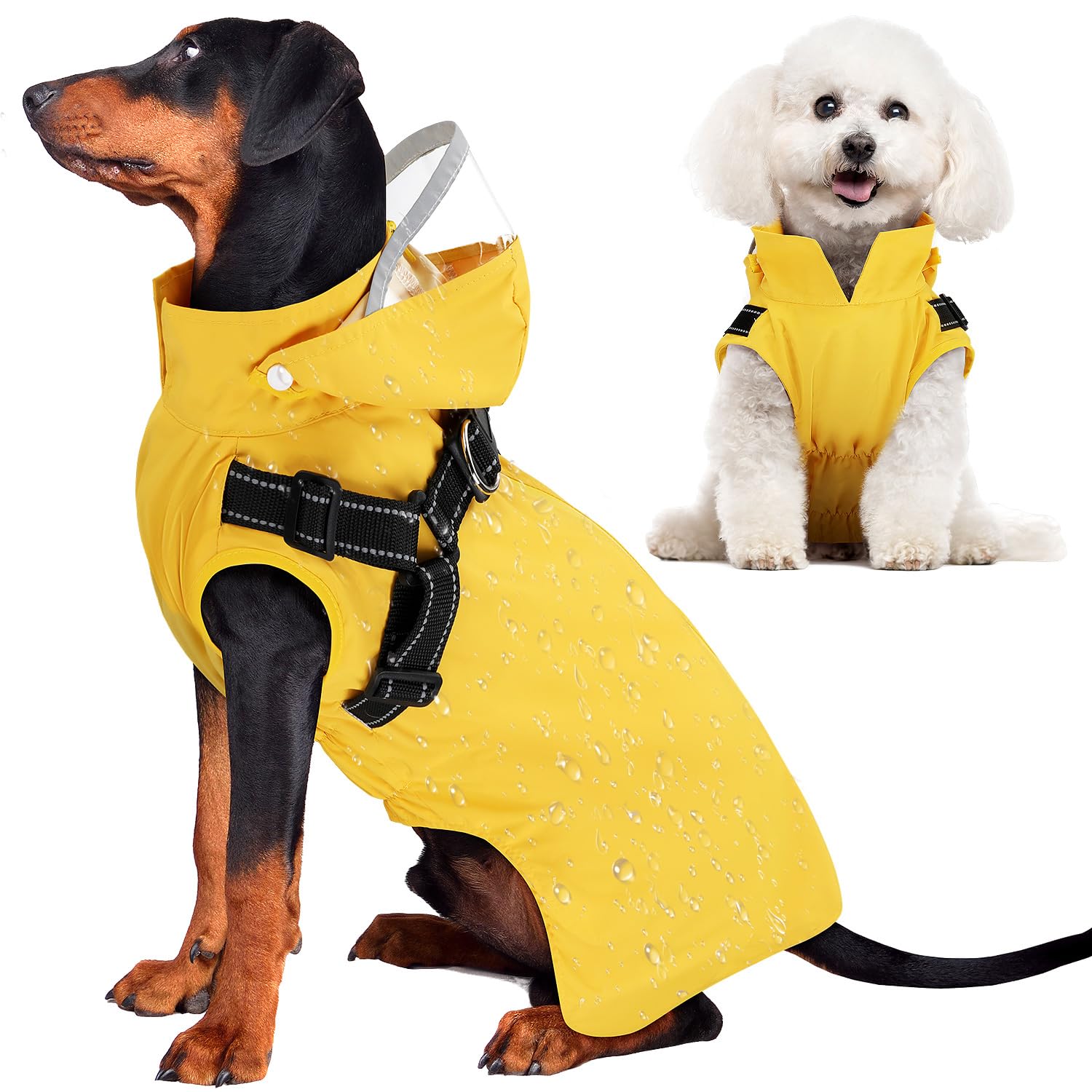 Photo 1 of Lukovee Dog Raincoat - Waterproof Rain Jacket with Harness & Removable Hood, Reflective Double Layer Dog Rain Coat Poncho for Small Medium Large Dogs Puppy (M, Y)