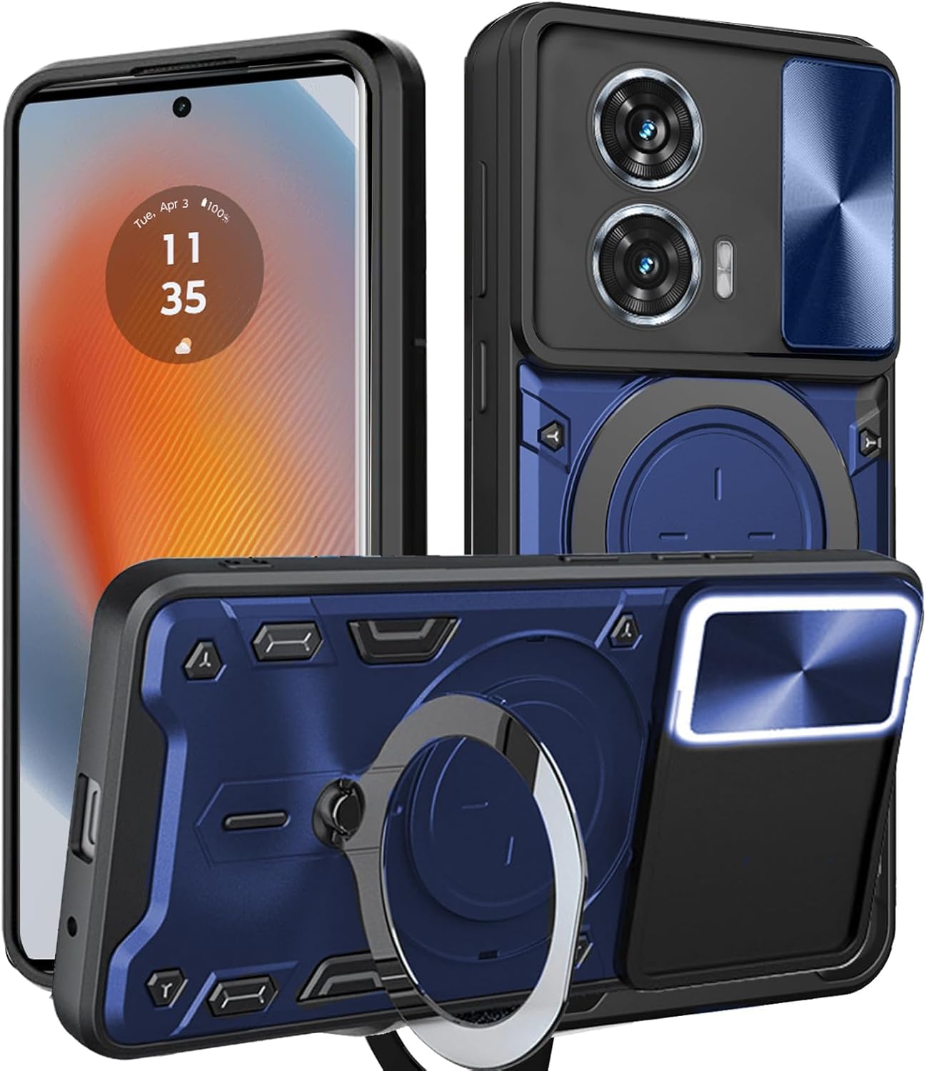 KUSINHOKA Case for Motorola Moto Edge 50 Fusion 5G With Slide Camera Protection Cover,Magnetic Metal Ring Kickstand Shockproof Military Grade Heavy Duty Tough Cover,Blue