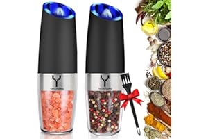 YAYAYOUNG Gravity Electric Grinder set of 2,Automatic Pepper and Salt Mill Grinder with Blue LED LIGHT,Electric Pepper Mill with Adjustable Coarseness,Refillable,salt and pepper shaker,pepper grinder