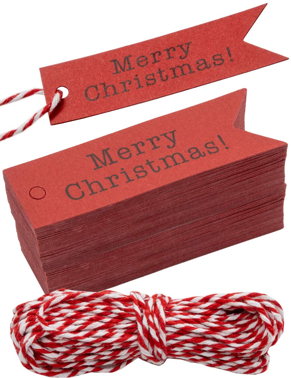 HomeTools.eu® 100 Kraft Paper Gift Tags with 10 m Jute Twine Merry Christmas Red