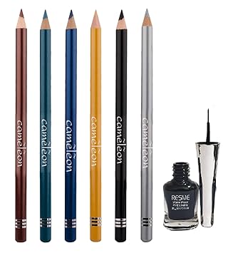 AYA Cameleon Singly Apply Eyeliner Pencil - Pack of 6 (Gold, Silver, Green, Blue, Black, Brown), With Resme Eyeliner