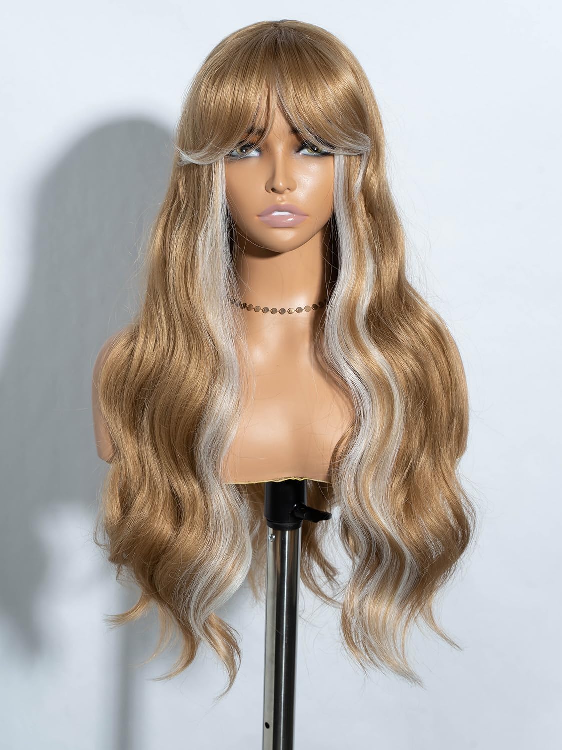 JOEDIR HAIR Blonde Brown Wig with Bangs Long Wavy Wigs for Women Curtain Bangs Wig 26 Inch Synthetic Wig Halloween Costumes Cosplay Party Wigs