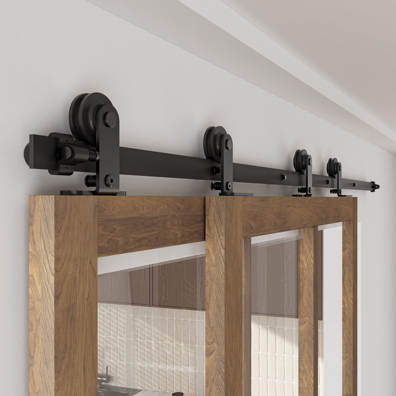 BONIKLUBA 173cm Single Track Bypass Barn Door Hardware Sliding Door Kit Bypass for 80cm Wide Interior Double Doors (T Roller Hangers)