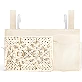Mkono Bedside Caddy Hanging Organizer, Boho Macrame Storage with Fixed Straps and Hooks, 4 Pockets Holder Remote Magazine Accessories for Home Loft Bunk Bed, Dorm, Hospital Beds