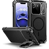 Lanhiem for iPhone 16e Metal Case with Camera Cover & Stand [Compatible with MagSafe] [Built-in Kickstand] [Military-Grade Protection] Heavy Duty Rugged Magnetic Phone Case, Black