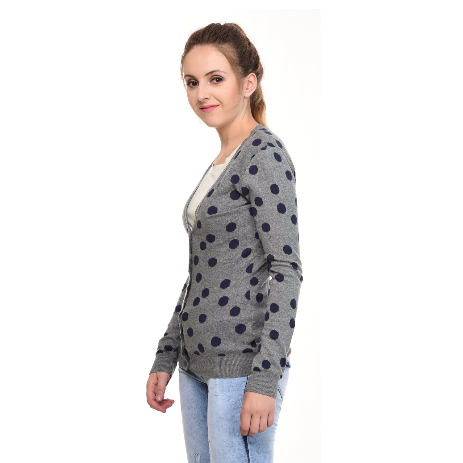 mansicollections grey blue polka dot cardigan for women