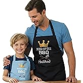 Personalized Matching Aprons for Toddler and Adults, BBQ Aprons for Dad, Grandpa, Husband, Son, Daughter, Prince of the BBQ, King of the BBQ, Father and Son Gifts for Christmas, Princess Grill